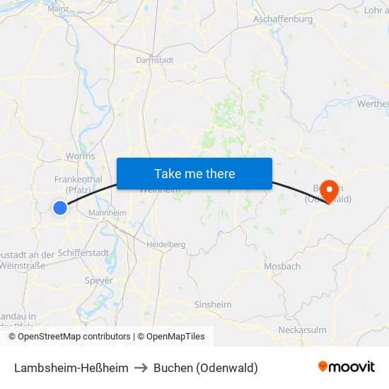 Lambsheim-Heßheim to Buchen (Odenwald) map