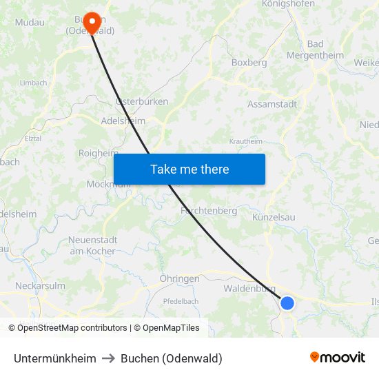 Untermünkheim to Buchen (Odenwald) map