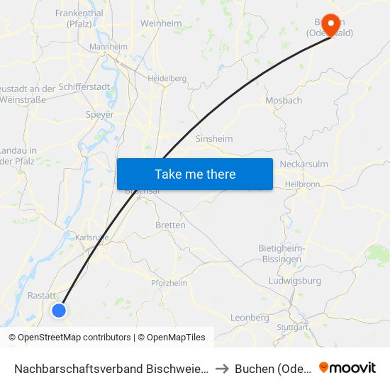 Nachbarschaftsverband Bischweier-Kuppenheim to Buchen (Odenwald) map