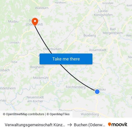 Verwaltungsgemeinschaft Künzelsau to Buchen (Odenwald) map