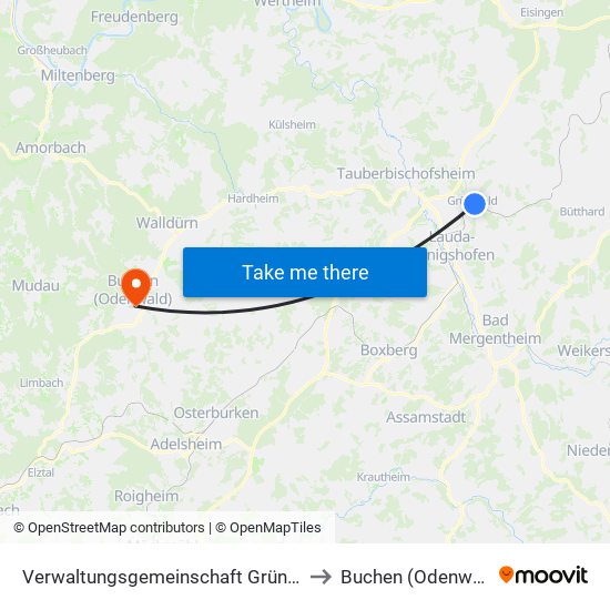 Verwaltungsgemeinschaft Grünsfeld to Buchen (Odenwald) map