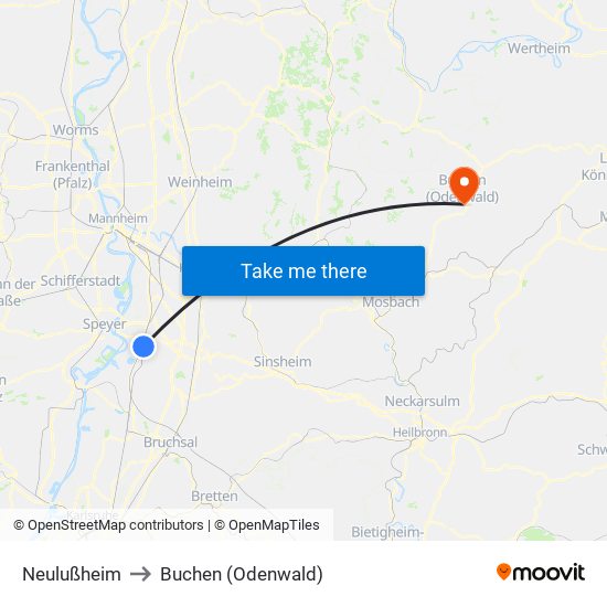 Neulußheim to Buchen (Odenwald) map