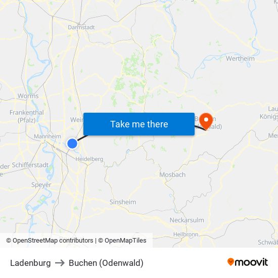Ladenburg to Buchen (Odenwald) map