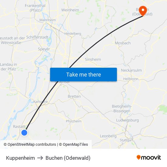 Kuppenheim to Buchen (Odenwald) map