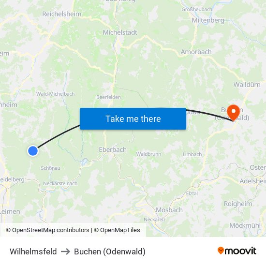 Wilhelmsfeld to Buchen (Odenwald) map