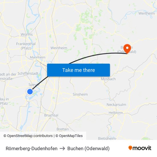 Römerberg-Dudenhofen to Buchen (Odenwald) map