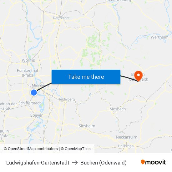 Ludwigshafen-Gartenstadt to Buchen (Odenwald) map