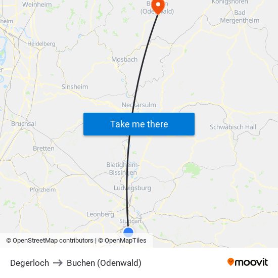 Degerloch to Buchen (Odenwald) map