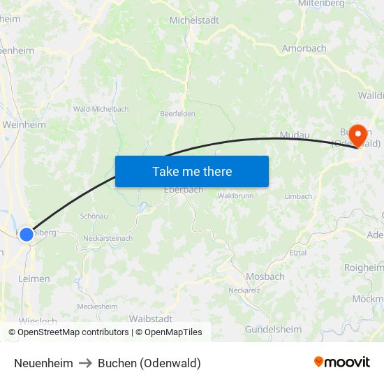 Neuenheim to Buchen (Odenwald) map