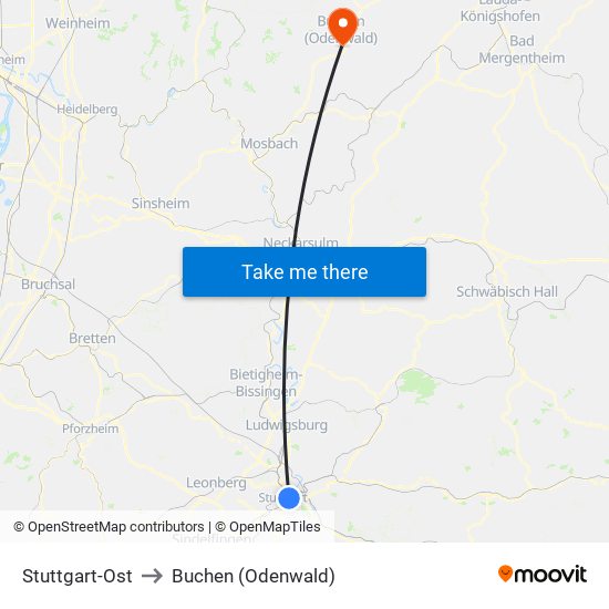 Stuttgart-Ost to Buchen (Odenwald) map