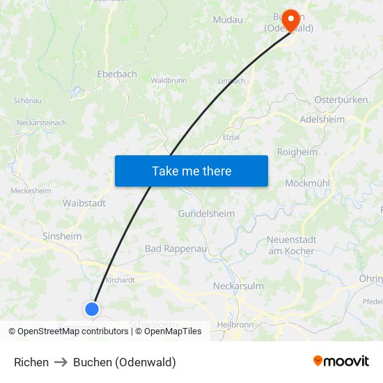 Richen to Buchen (Odenwald) map