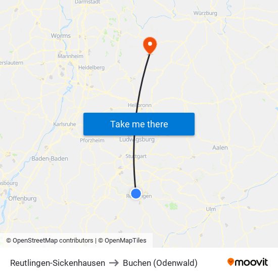 Reutlingen-Sickenhausen to Buchen (Odenwald) map