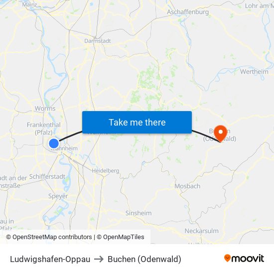 Ludwigshafen-Oppau to Buchen (Odenwald) map