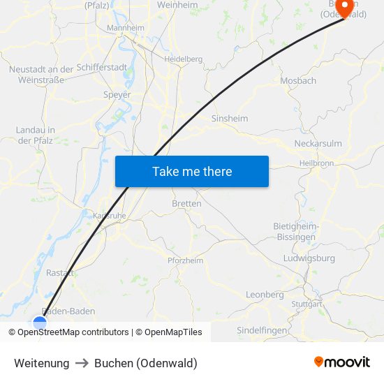 Weitenung to Buchen (Odenwald) map