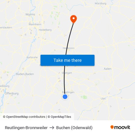 Reutlingen-Bronnweiler to Buchen (Odenwald) map