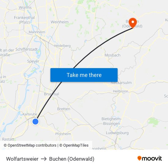 Wolfartsweier to Buchen (Odenwald) map