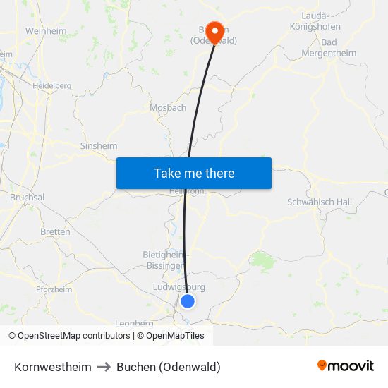 Kornwestheim to Buchen (Odenwald) map