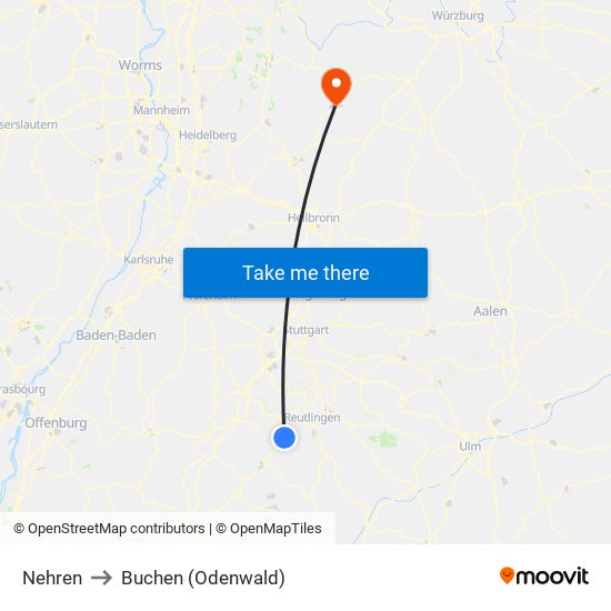 Nehren to Buchen (Odenwald) map