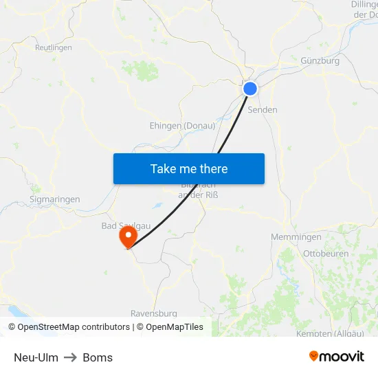 Neu-Ulm to Boms map