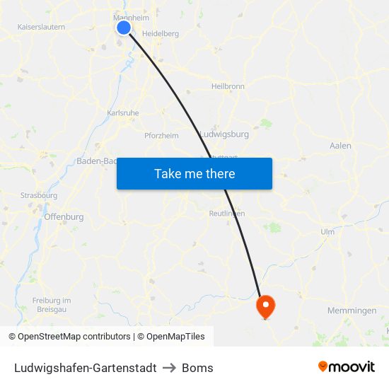 Ludwigshafen-Gartenstadt to Boms map