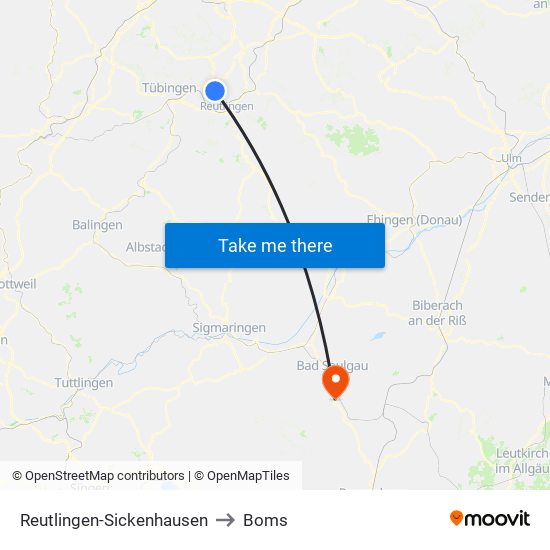 Reutlingen-Sickenhausen to Boms map