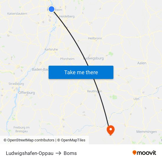 Ludwigshafen-Oppau to Boms map