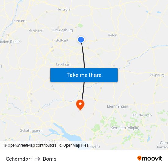 Schorndorf to Boms map