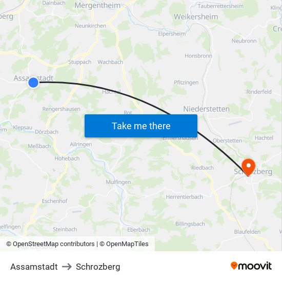 Assamstadt to Schrozberg map