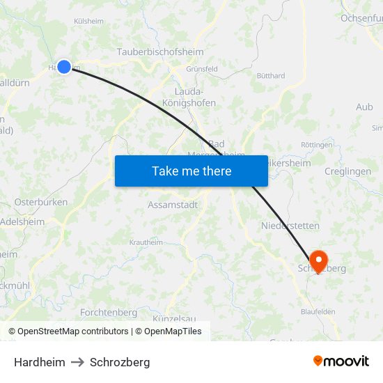 Hardheim to Schrozberg map
