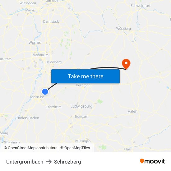 Untergrombach to Schrozberg map