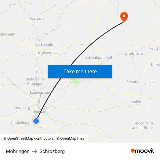 Möhringen to Schrozberg map