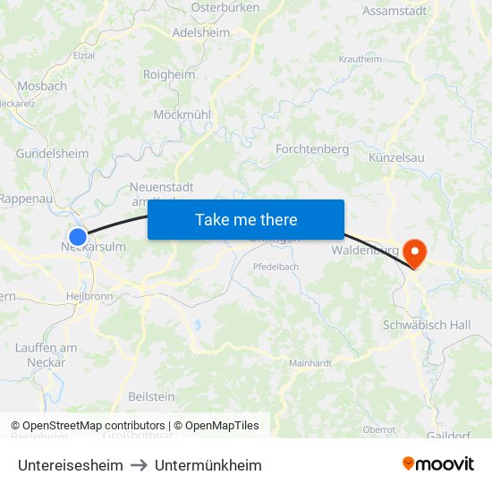 Untereisesheim to Untermünkheim map