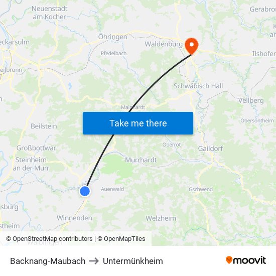 Backnang-Maubach to Untermünkheim map