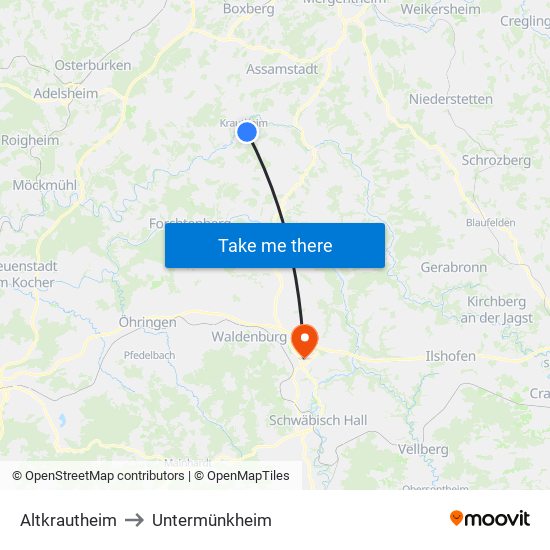 Altkrautheim to Untermünkheim map