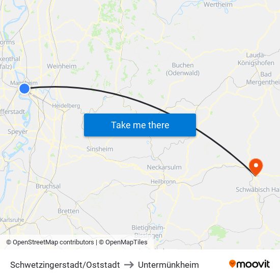Schwetzingerstadt/Oststadt to Untermünkheim map