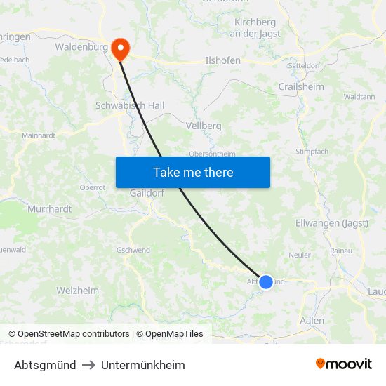 Abtsgmünd to Untermünkheim map