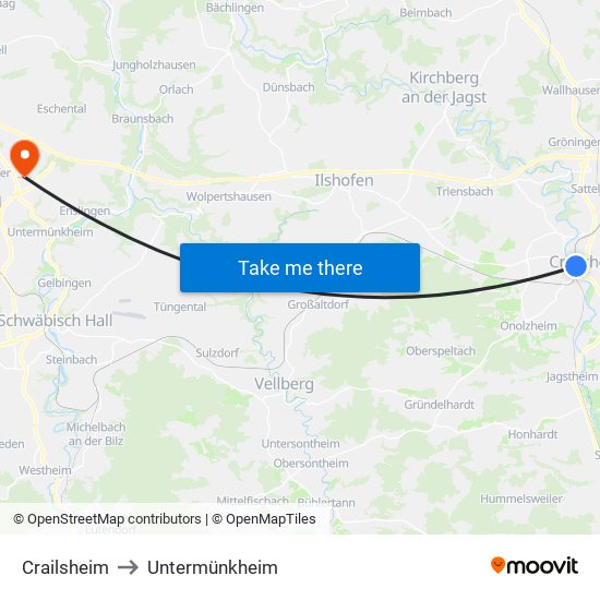 Crailsheim to Untermünkheim map