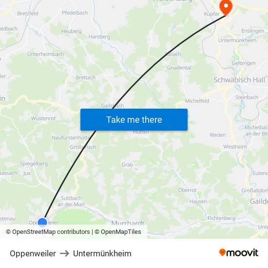 Oppenweiler to Untermünkheim map