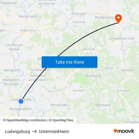 Ludwigsburg to Untermünkheim map