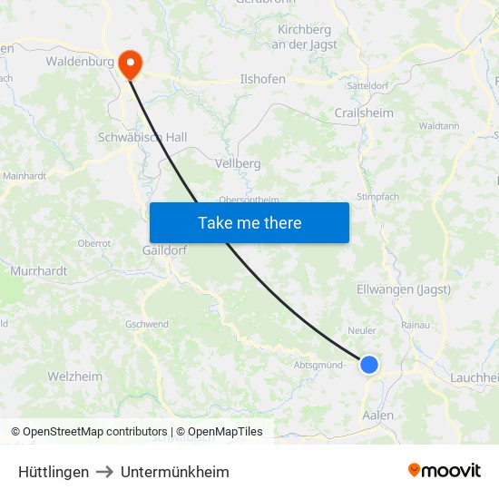 Hüttlingen to Untermünkheim map