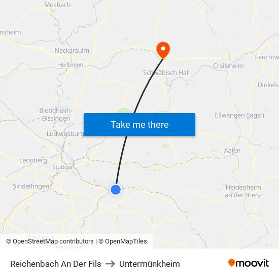 Reichenbach An Der Fils to Untermünkheim map