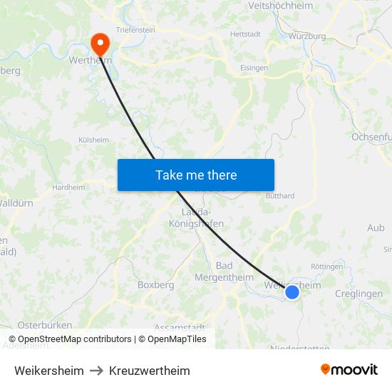 Weikersheim to Kreuzwertheim map