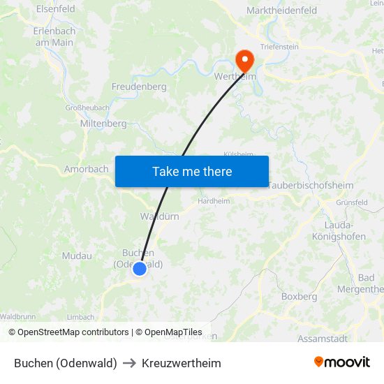 Buchen (Odenwald) to Kreuzwertheim map