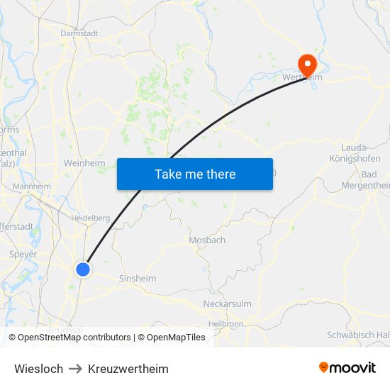 Wiesloch to Kreuzwertheim map