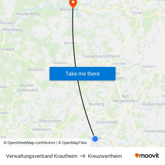 Verwaltungsverband Krautheim to Kreuzwertheim map