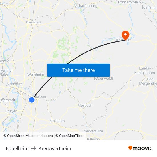 Eppelheim to Kreuzwertheim map