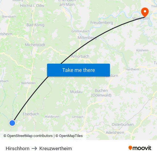 Hirschhorn to Kreuzwertheim map