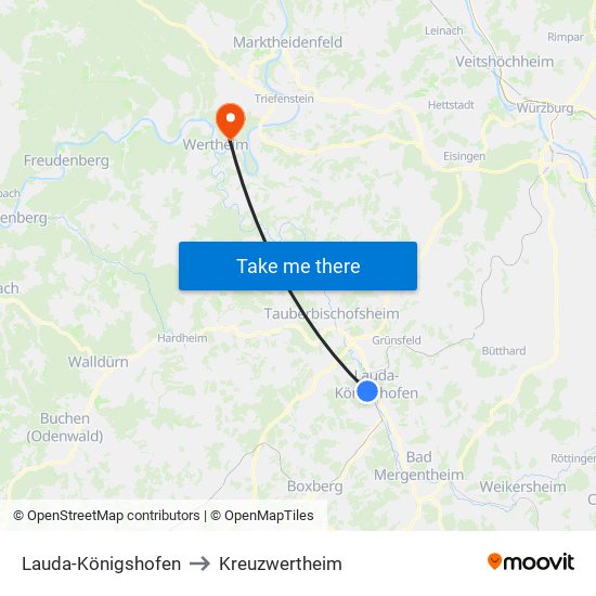 Lauda-Königshofen to Kreuzwertheim map