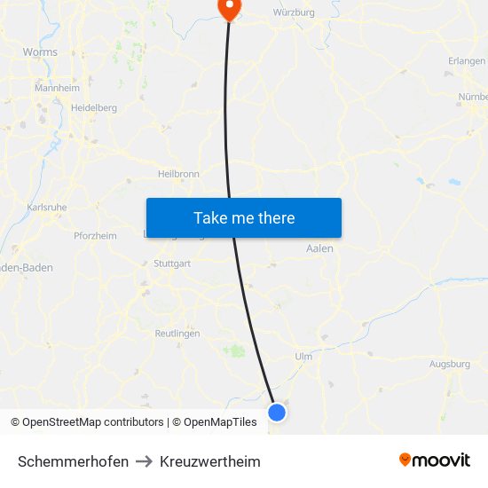 Schemmerhofen to Kreuzwertheim map