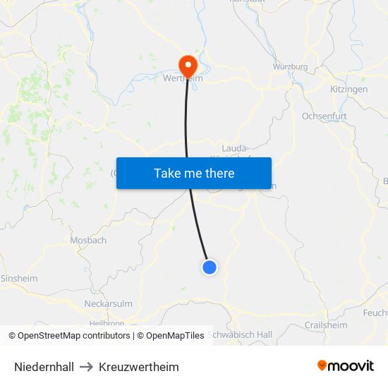 Niedernhall to Kreuzwertheim map